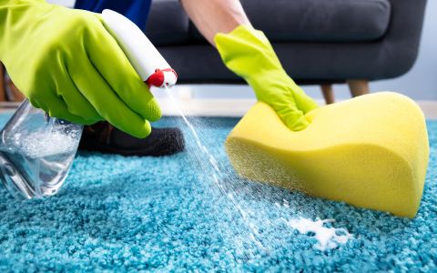 Professionelle Reinigungskraft von STR24 Gebäudemanagement bei der Industriereinigung, reinigt mit einem Mopp und einem gelben Putzwagen einen großen, sonnendurchfluteten Industriehallenboden.